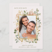 Save The Date Fleurs neutres sur rose pâle | Cadre photo Gold (Devant / Derrière)