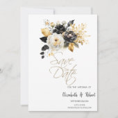 Save The Date Fleurs noires et blanches dorées Enregistrer la da (Devant)
