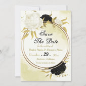 Save The Date fleurs noires et blanches feuilles dorées (Devant)