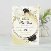 Save The Date fleurs noires et blanches feuilles dorées (Debout devant)