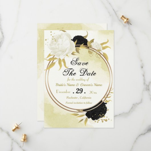 Save The Date fleurs noires et blanches feuilles dorées (Devant/Arrière en situation)