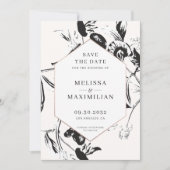 Save The Date Fleurs noires et blanches mariage à cadre géométri (Devant)