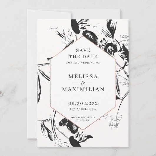 Save The Date Fleurs noires et blanches mariage à cadre géométri (Devant)