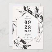 Save The Date Fleurs noires et blanches mariage à cadre géométri (Devant)