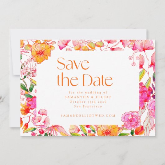 Save The Date Fleurs orange rose moderne Mariage Photo Retour (Devant)
