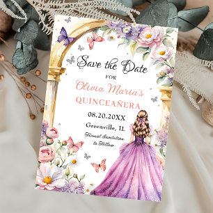 Save The Date Fleurs Papillons Lilac Princesse Quinceañera