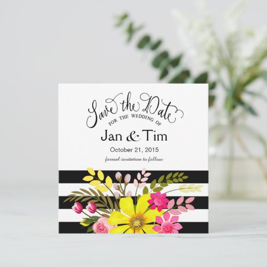 Save The Date Fleurs rayées blanches noires Enregistrer la date (Debout devant)
