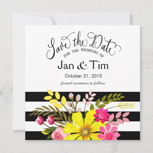 Save The Date Fleurs rayées blanches noires Enregistrer la date (Devant)