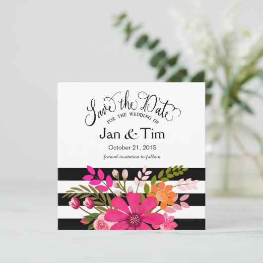 Save The Date Fleurs rayées blanches noires Sauvez la date fuchs (Debout devant)