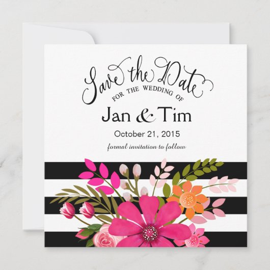 Save The Date Fleurs rayées blanches noires Sauvez la date fuchs (Devant)