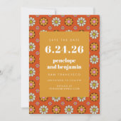 Save The Date Fleurs Rétro Années 70 Image Orange Clair Mariage (Devant)