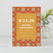 Save The Date Fleurs Rétro Années 70 Image Orange Clair Mariage (Debout devant)
