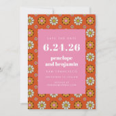 Save The Date Fleurs Rétro Années 70 Orange Rose Foncé Image Mar (Devant)