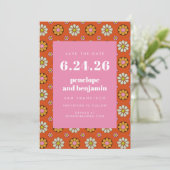 Save The Date Fleurs Rétro Années 70 Orange Rose Foncé Image Mar (Debout devant)