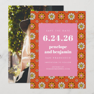 Save The Date Fleurs Rétro Années 70 Orange Rose Foncé Image Mar