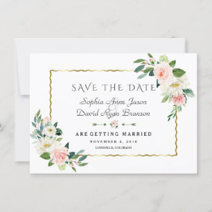 Save The Date Fleurs Rose Blush Cadre Doré Mariage Bleu Nuit