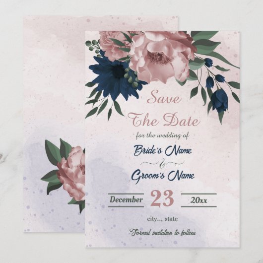 Save The Date fleurs rose et marine botanique (Devant / Derrière)
