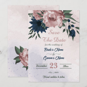 Save The Date fleurs rose et marine botanique