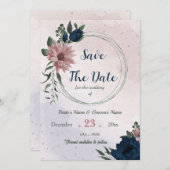 Save The Date fleurs rose et marine botanique (Devant / Derrière)