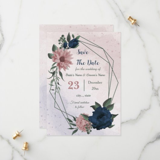 Save The Date fleurs rose et marine botanique (Devant/Arrière en situation)