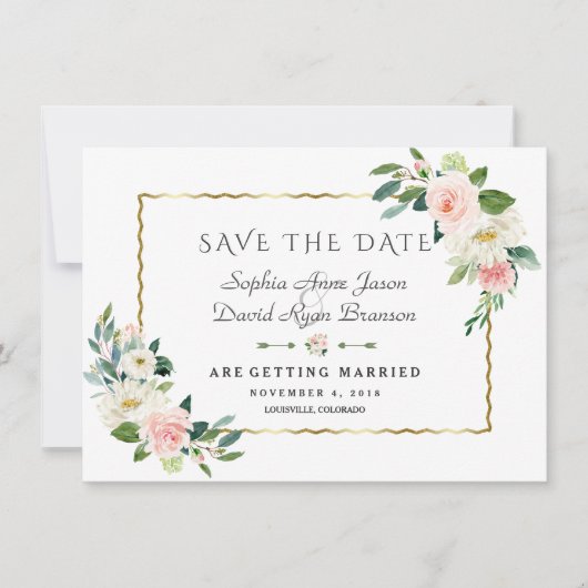 Save The Date Fleurs Rose Fard Cadre Doré Mariage Bleu Nuit (Devant)