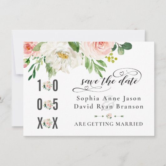 Save The Date Fleurs rose pâle aquarelle Mariage Écriture manusc (Devant)