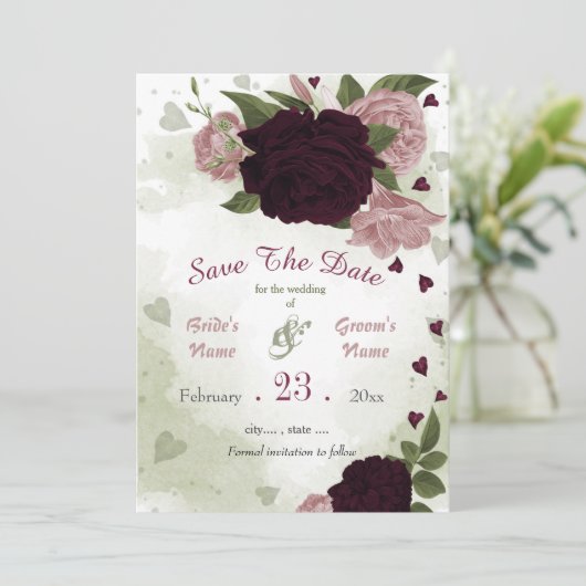 Save The Date fleurs rose prune vert feuille botanique (Debout devant)