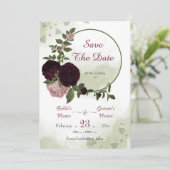 Save The Date fleurs rose prune vert feuille couronne botanique (Debout devant)