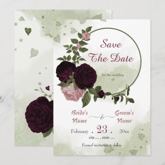 Save The Date fleurs rose prune vert feuille couronne botanique (Devant / Derrière)