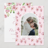 Save The Date Fleurs Rose Rouge Script Romantique Photo Arch (Devant / Derrière)