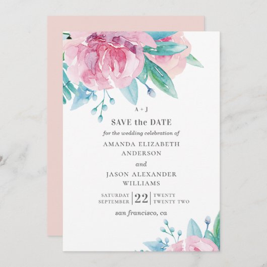 Save The Date Fleurs roses à l'aquarelle. Mariage floral rose pâ (Devant / Derrière)