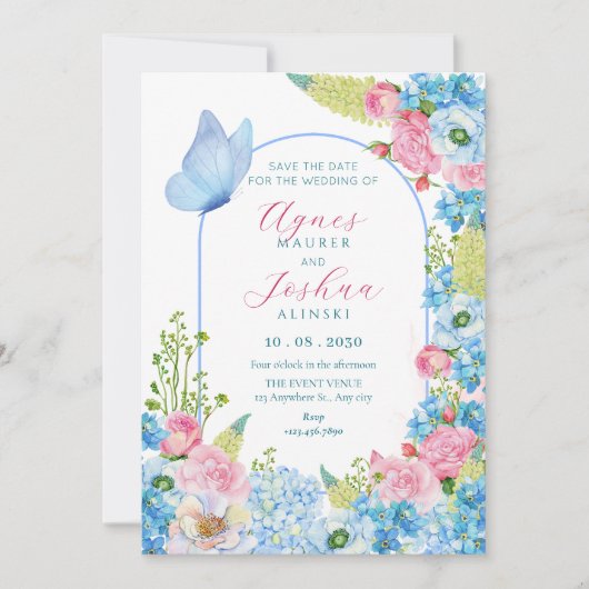 Save The Date Fleurs roses bleues papillon mariage fleuri (Devant)