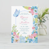 Save The Date Fleurs roses bleues papillon mariage fleuri (Debout devant)