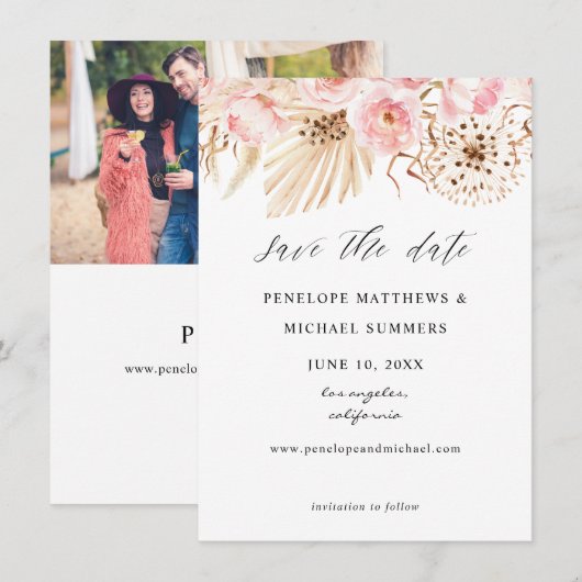 Save The Date Fleurs roses bohèmes (Devant / Derrière)