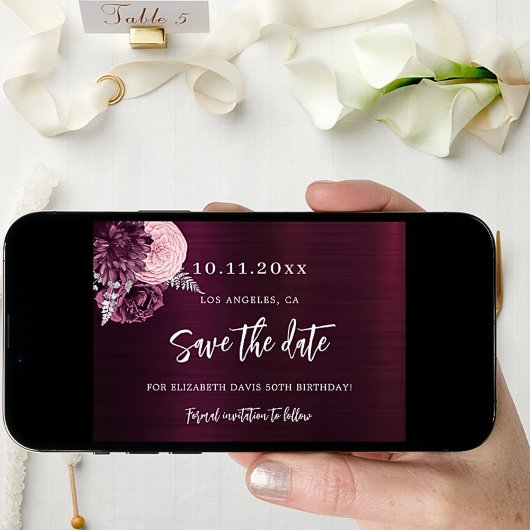 Save The Date Fleurs roses bordeaux 50e anniversaire