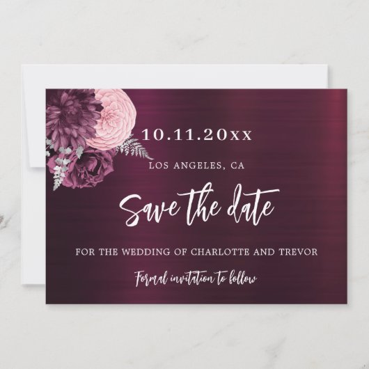 Save The Date Fleurs roses bordeaux de mariage élégantes (Devant)