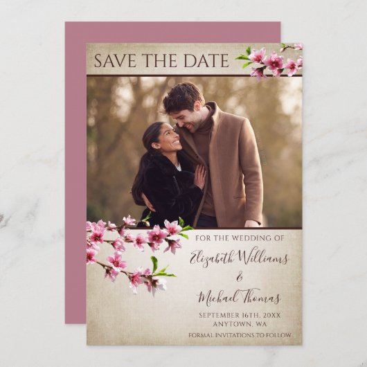 Save The Date Fleurs roses de cerisiers tan Photo Enregistrer la (Devant / Derrière)
