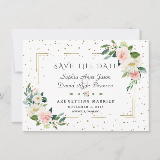 Save The Date Fleurs roses de luxe Cadre doré Confettis Mariage (Devant)