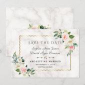 Save The Date Fleurs Roses de Luxe Cadre Doré Mariage Marbre (Devant / Derrière)