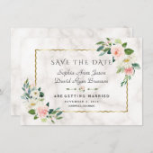 Save The Date Fleurs Roses Élégantes Cadre Doré Mariage Marbre (Devant / Derrière)