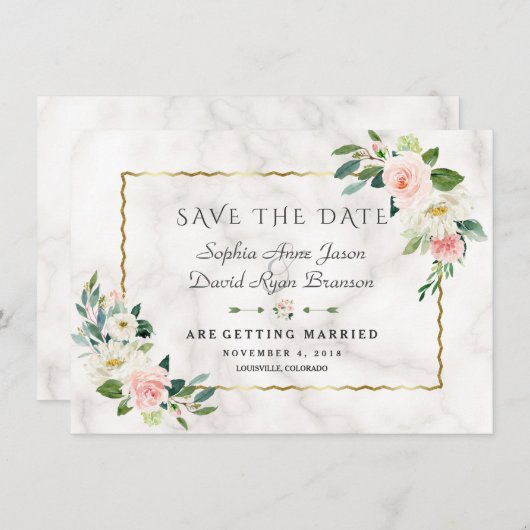 Save The Date Fleurs Roses Élégantes Cadre Doré Mariage Marbre (Devant / Derrière)