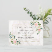 Save The Date Fleurs Roses Élégantes Cadre Doré Mariage Marbre (Debout devant)