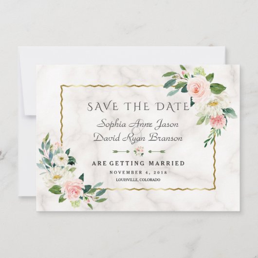 Save The Date Fleurs Roses Élégantes Cadre Doré Mariage Marbre (Devant)
