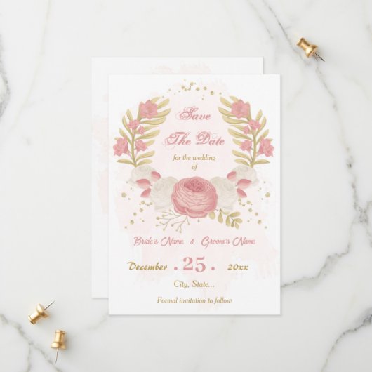 Save The Date fleurs roses et blanches or botanique (Devant/Arrière en situation)
