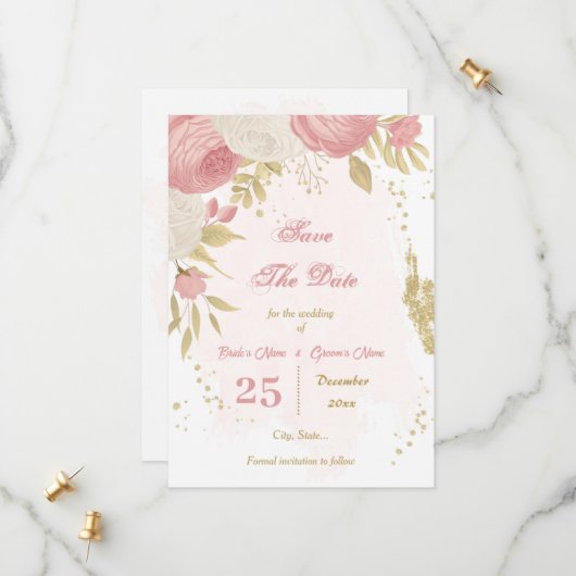 Save The Date fleurs roses et blanches or botanique (Devant/Arrière en situation)