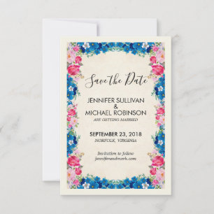 Save The Date Fleurs roses et bleues Soigné Mariage élégant