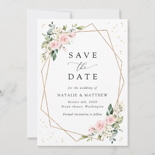 Save The Date Fleurs roses, Fleurs blanches, Verdure, Mariage (Devant)