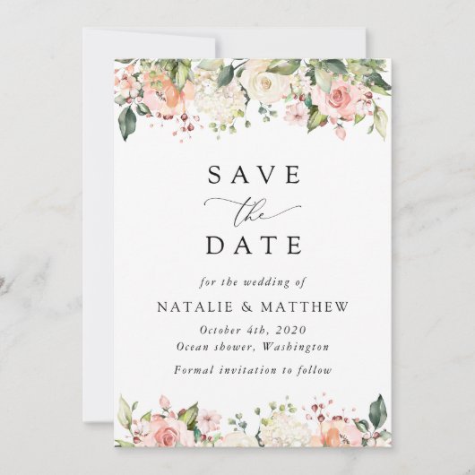 Save The Date Fleurs roses, Fleurs blanches, Verdure, Mariage (Devant)