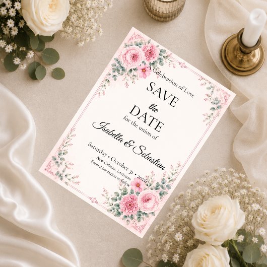 Save The Date Fleurs roses romantiques