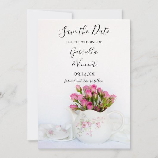 Save The Date Fleurs roses roses dans Mariage de théière Enregis (Devant)